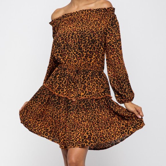 LEOPARD PRINT OFF SHOULDER RUFFLE DRESS - Picture 7 of 9